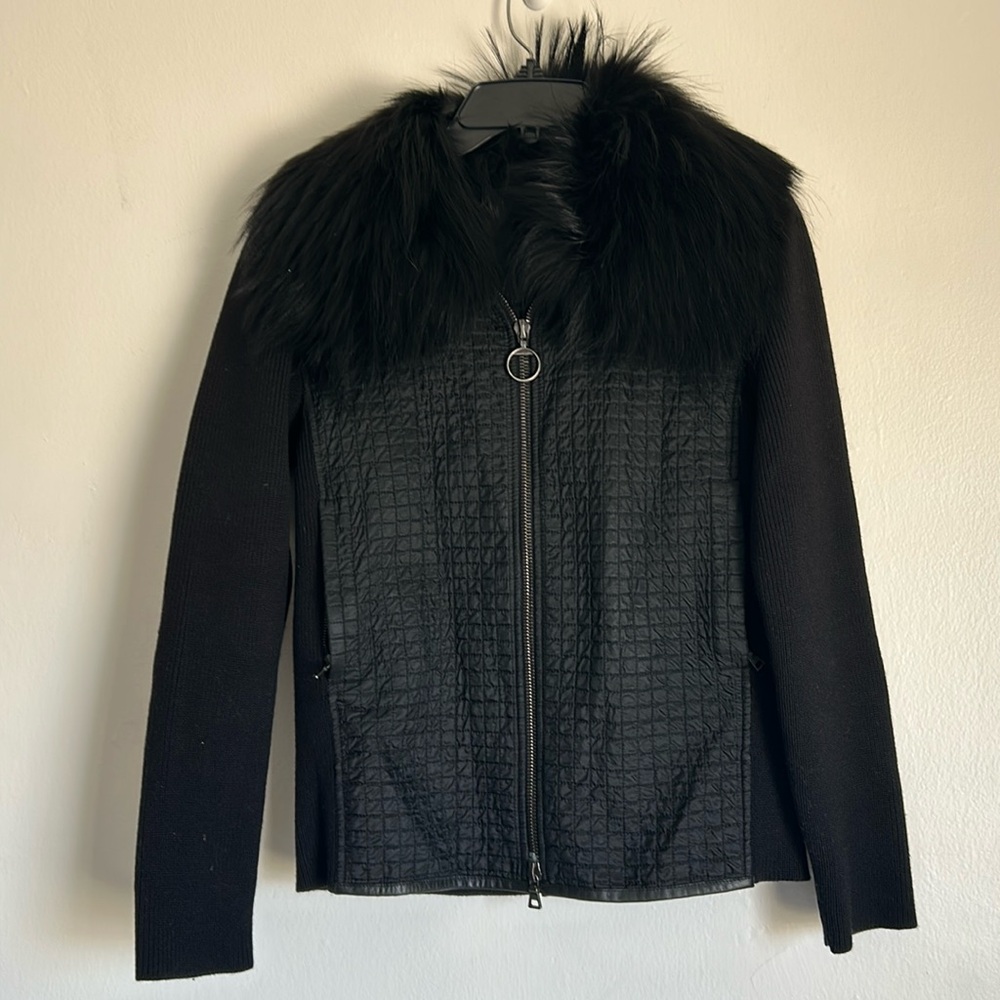 Vintage Prada Sport Wool Knit Zip Jacket Quilt Detail and Raccoon Fur Trim 40